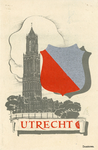 604543 Gezicht op de Domtoren te Utrecht, met ernaast het wapen van de gemeente Utrecht.